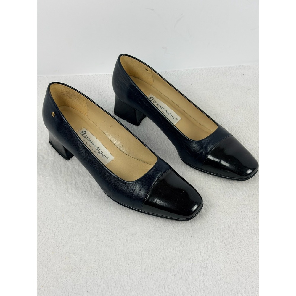 Etienne Aigner Pumps Womens 7 M Navy Blue Black Patent Cap Toe Block Heel Spain